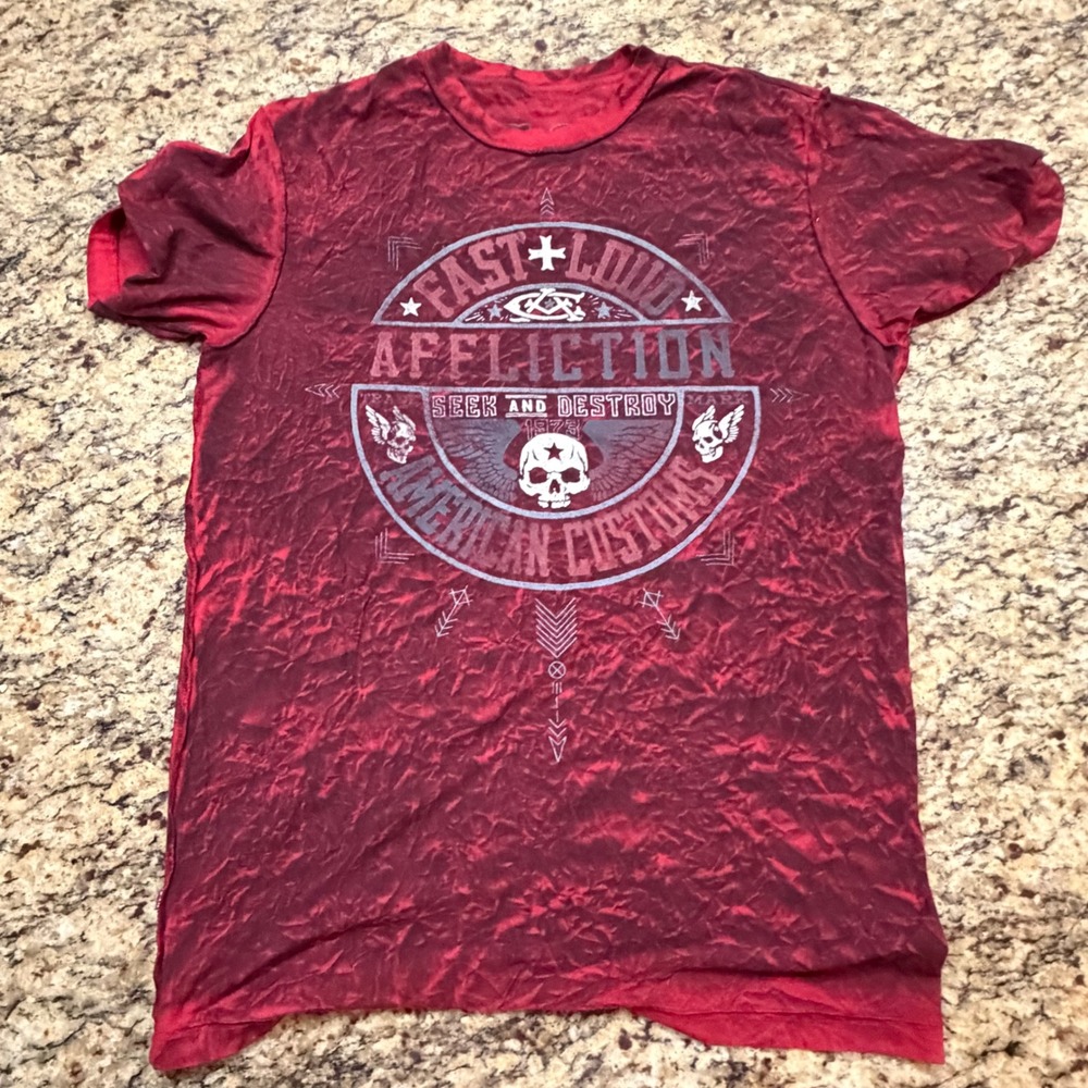 Affliction American Customs Mens Red Acid Wash T-Shirt L Fast Loud ws